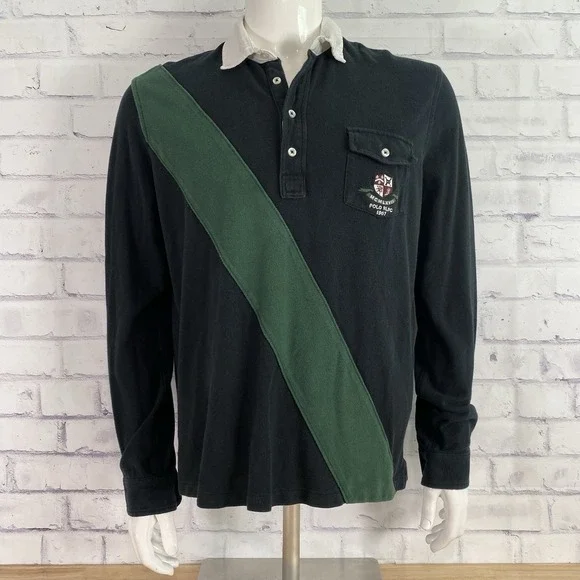Polo Ralph Lauren Shirt Men's Large Rugby Polo Long Sleeve Crest Black Pocket - Picture 2 of 13